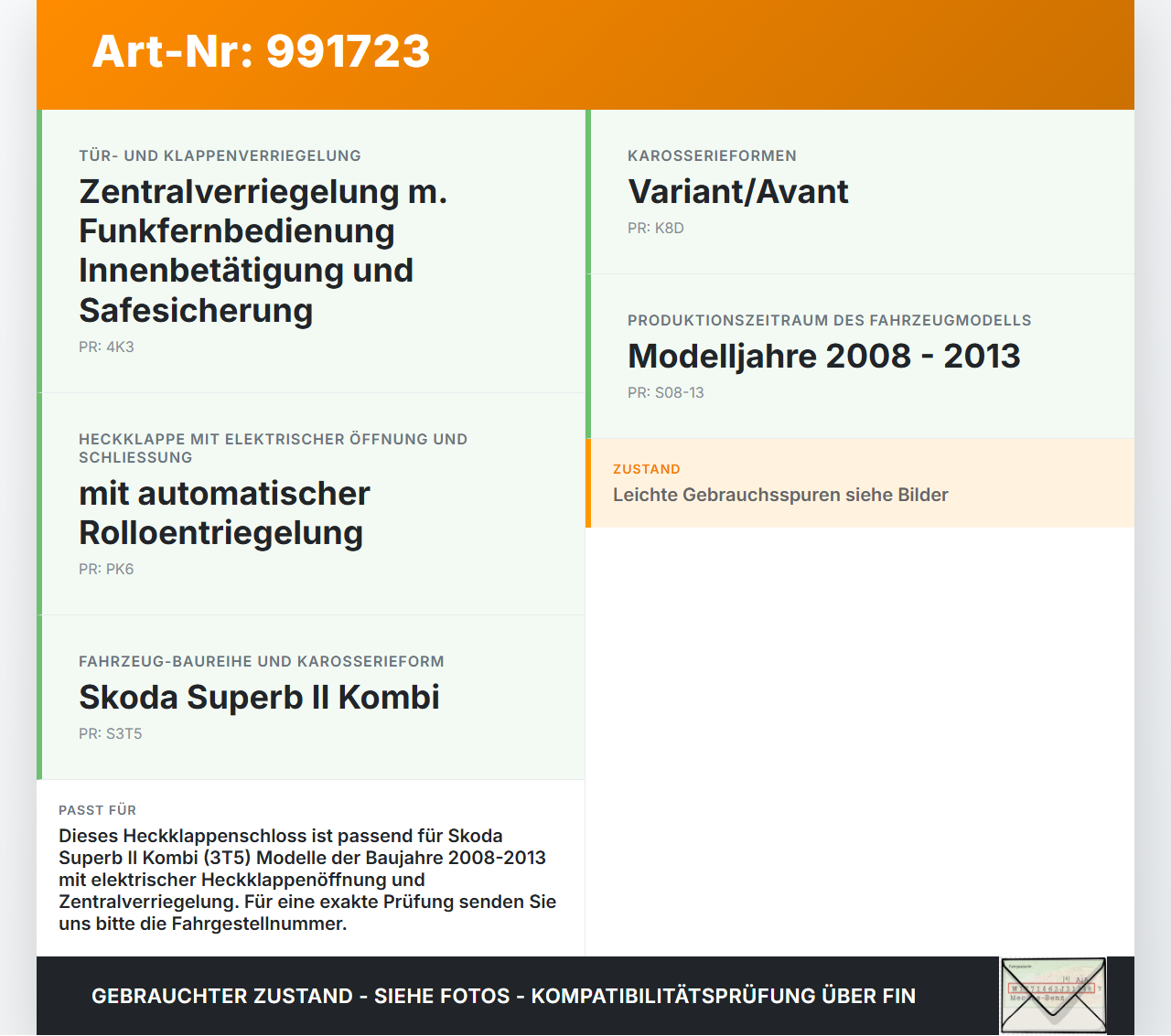 Skoda Superb II 3T 08-13 Kombi Schloss f. Heckklappe Heckklappenschloss Verriegelung Skoda Superb II 3T 08-13... Vorschau 3