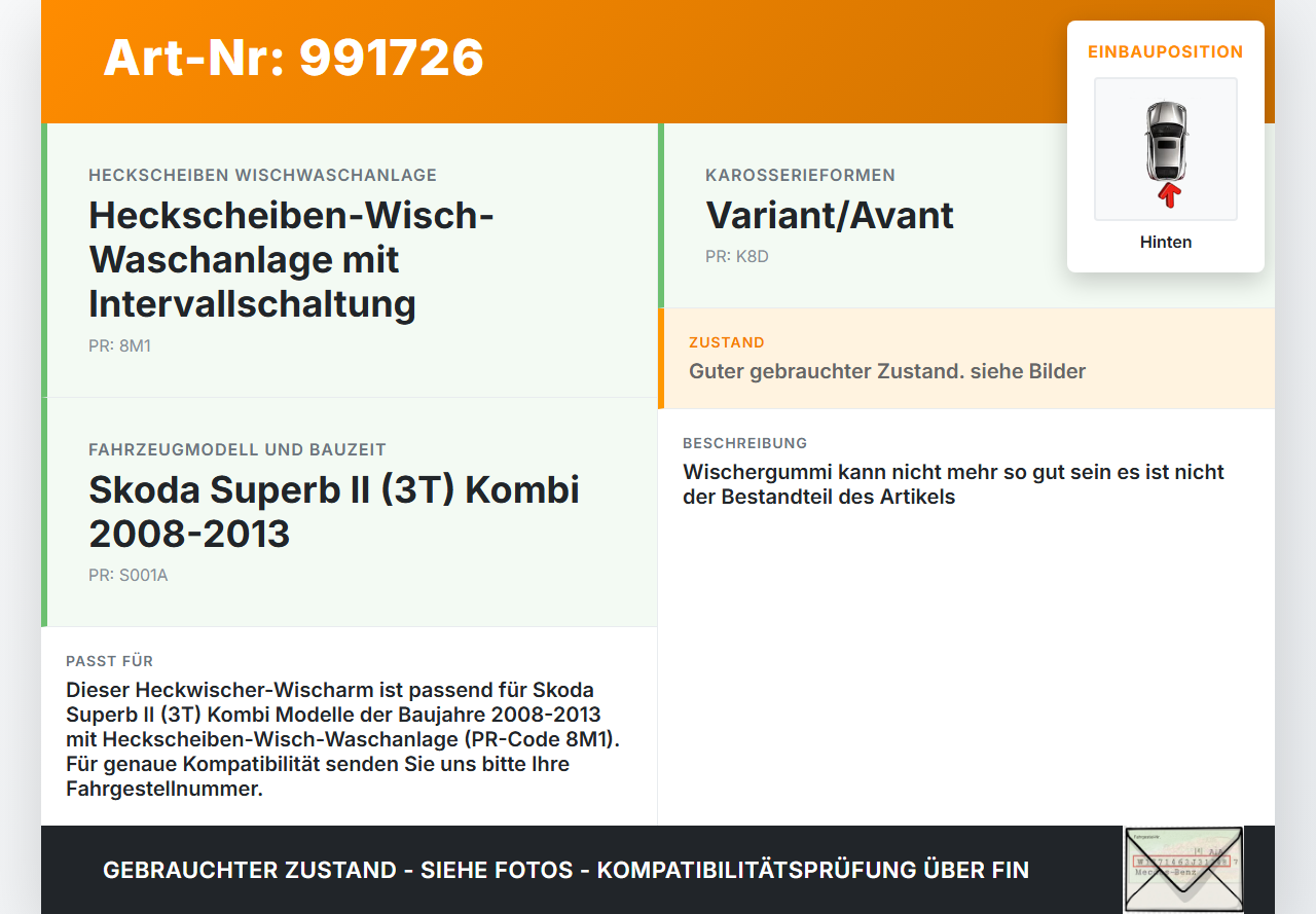 Skoda Superb II 3T 08-13 Kombi Heckwischer Scheibenwischer Hinten Wischarm Skoda Superb II 3T 08-13 18.02.2011... Vorschau 3