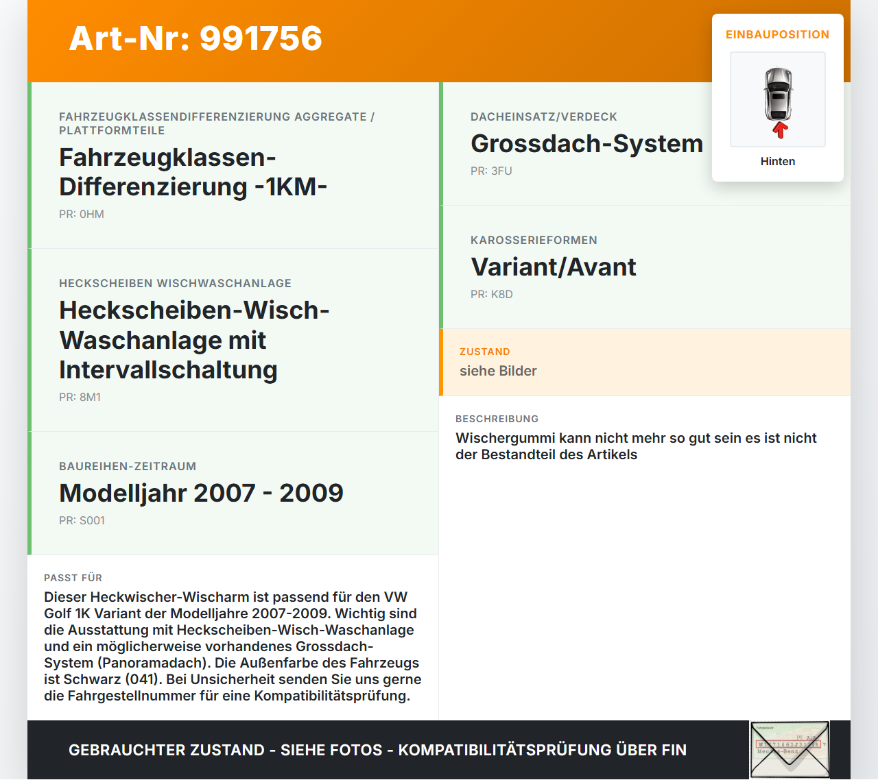 VW Golf 1K Variant 07-09 Kombi Heckwischer Scheibenwischer Hinten Wischarm VW Golf 1K Variant 07-09 01.12.2008... Vorschau 3