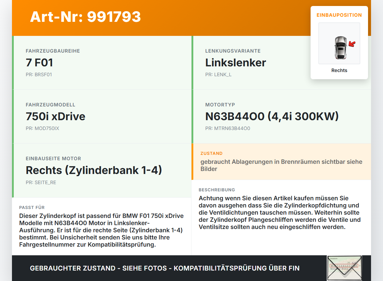 BMW F01 750iX 08-12 4,4i 300KW N63B44O0 Zylinderkopf Rechts 1-4 BMW F01 750iX 08-12 09.06.2011 7573936-04... Vorschau 3