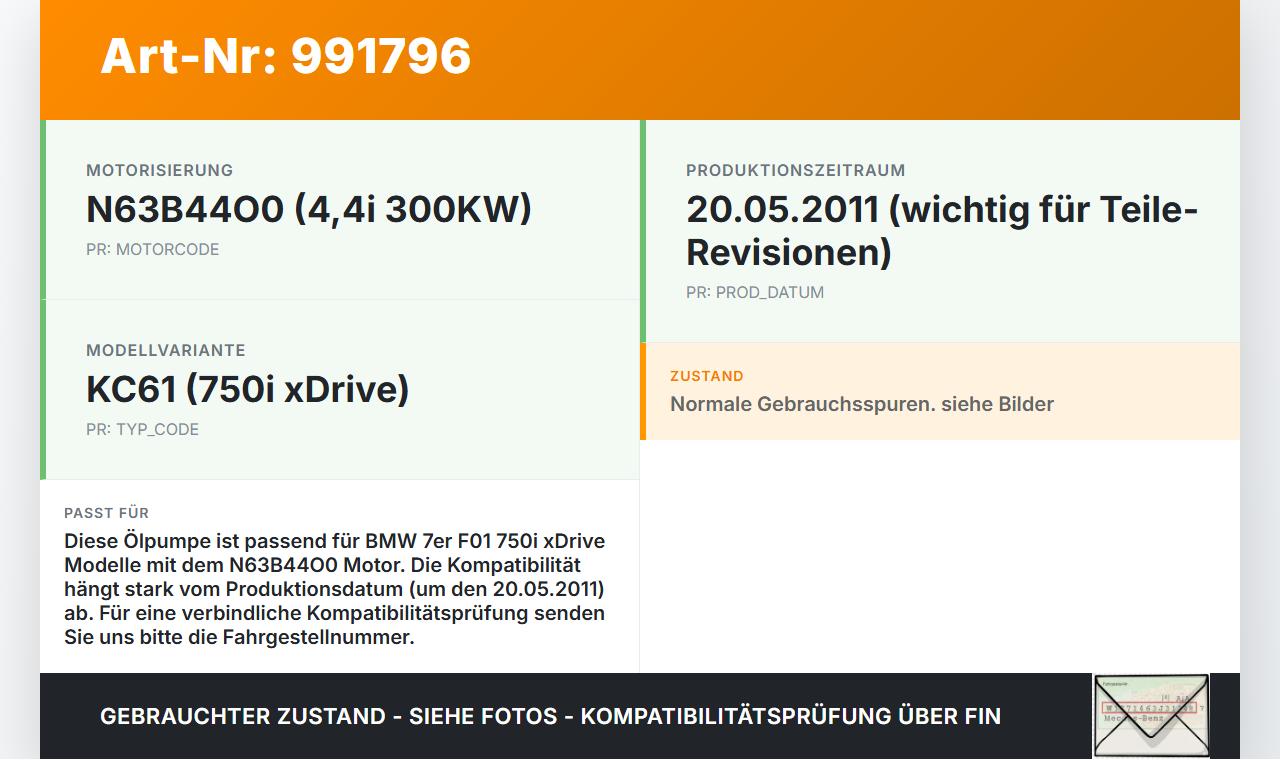 BMW F01 750iX 08-12 4,4i 300KW N63B44O0 Ölpumpe BMW F01 750iX 08-12 09.06.2011 7643256 11417643256 7612772... Vorschau 3