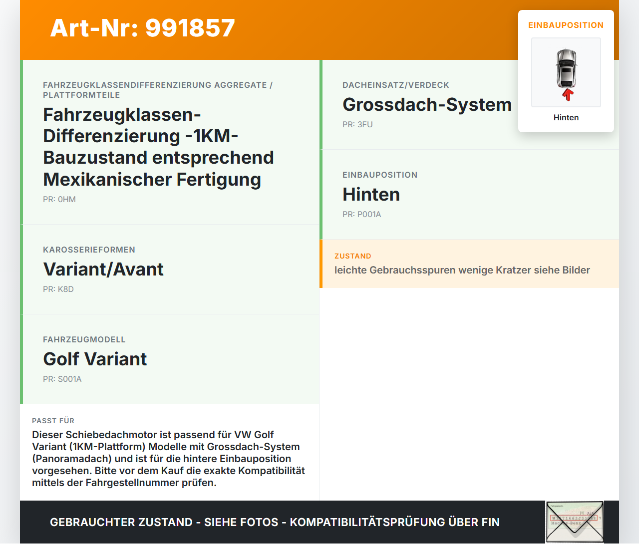 VW Golf 1K Variant 07-09 Schiebedachmotor Hinten VW Golf 1K Variant 07-09 01.12.2008 8R0959591A 8R0959591... Vorschau 3