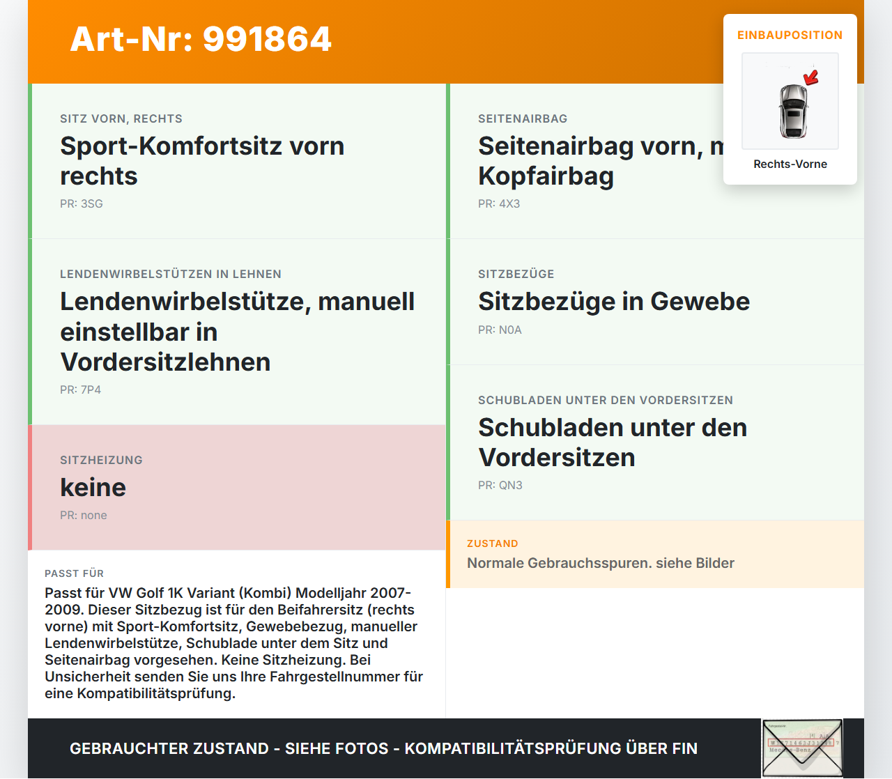 VW Golf 1K Variant 07-09 Kombi Sitzbezug Sitzpolster für Beifahrersitz Rechts Vorne VW Golf 1K Variant 07-09... Vorschau 3