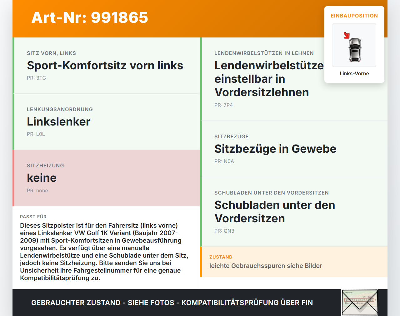 VW Golf 1K Variant 07-09 Kombi Sitzbezug Sitzpolster für Fahrersitz Sitz Links Vorne VW Golf 1K Variant 07-09... Vorschau 3