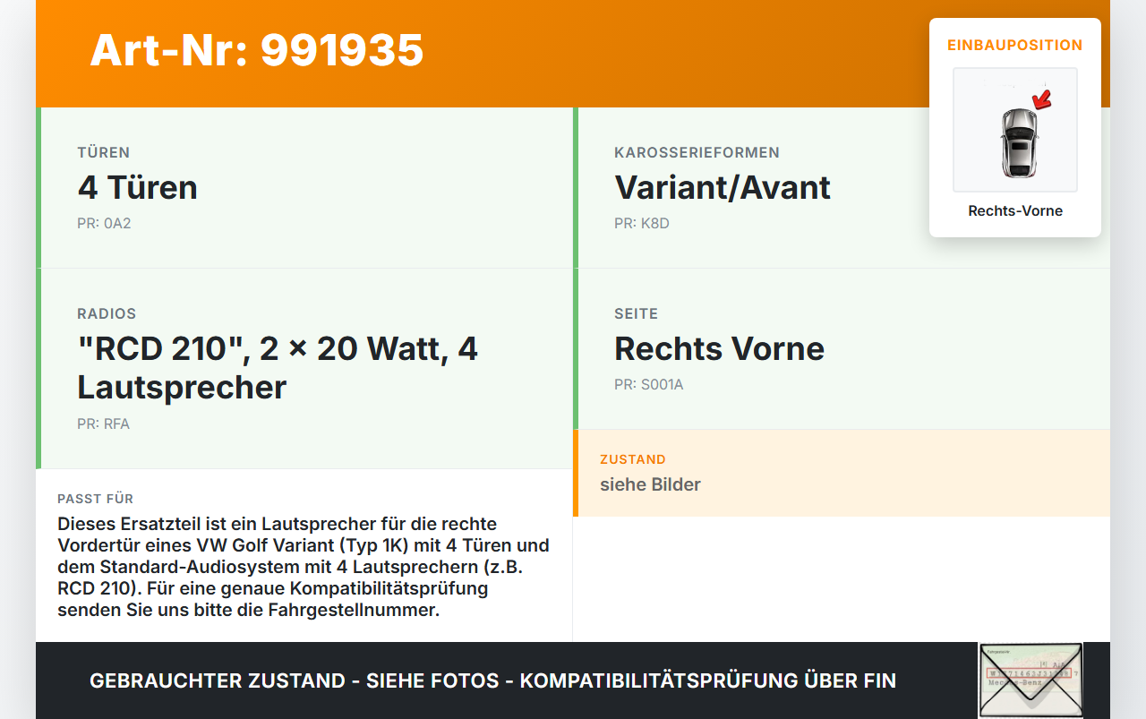 VW Golf 1K Variant 07-09 Lautsprecher Rechts Vorne VW Golf 1K Variant 07-09 01.12.2008 1KM035454D 904175410001 gebraucht Vorschau 3