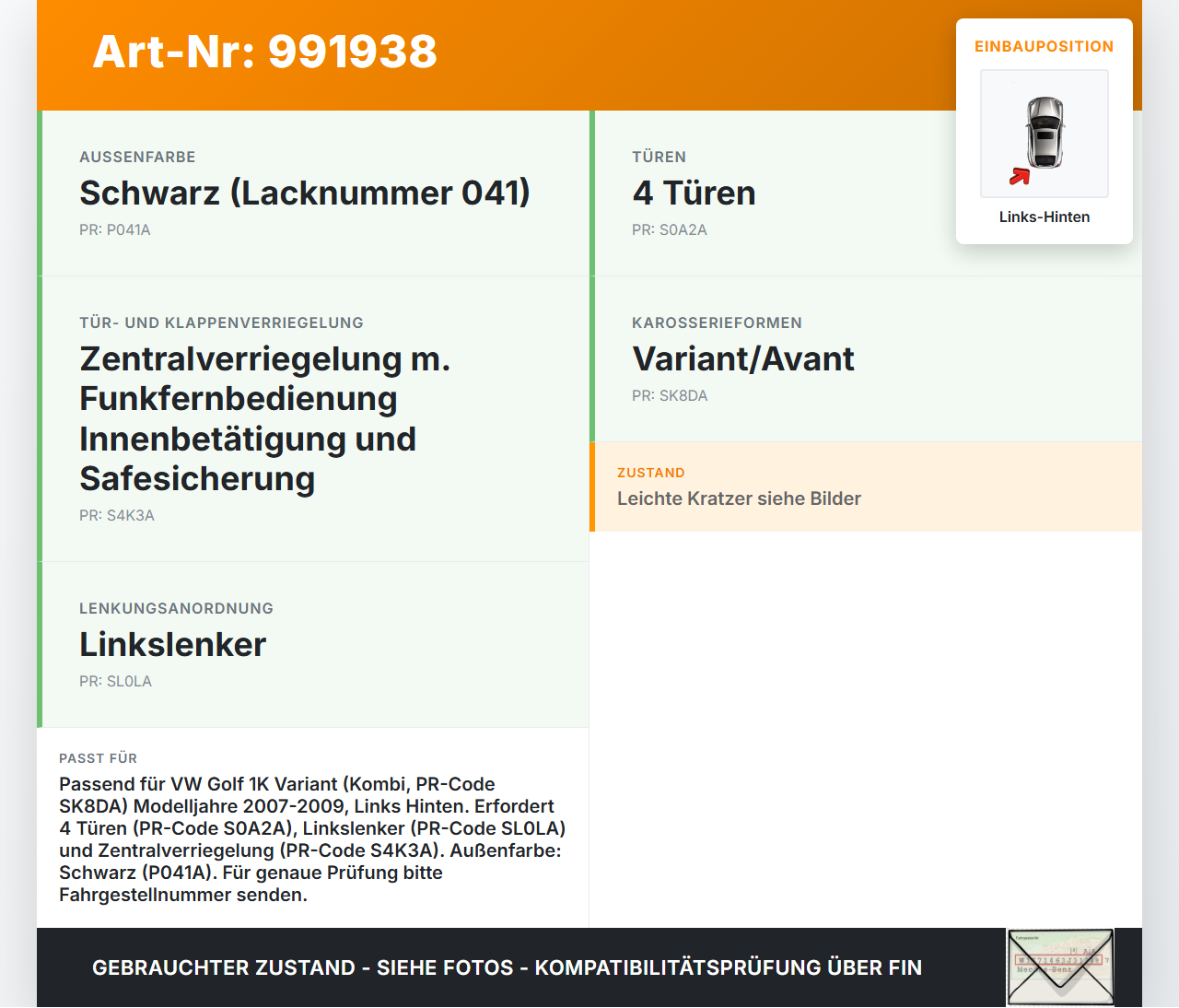 VW Golf 1K Variant 07-09 Kombi Türgriff Griff aussen Links Hinten L041 VW Golf 1K Variant 07-09 01.12.2008... Vorschau 3