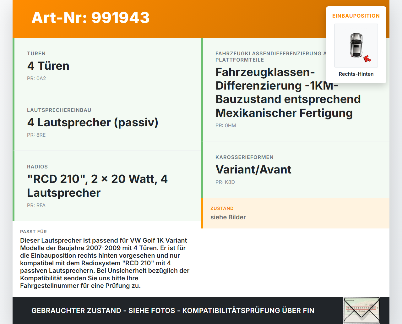 VW Golf 1K Variant 07-09 Kombi Lautsprecher Rechts Hinten VW Golf 1K Variant 07-09 01.12.2008 1KM035454B... Vorschau 3