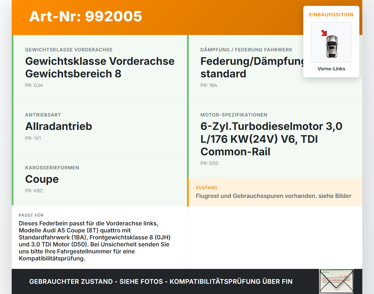 Audi A5 8T QU 07-12 Coupe Federbein Stoßdämpfer Achsschenkel Vorne Links Audi A5 8T QU 07-12 22.10.2007 8T0413031AD... Vorschau 3