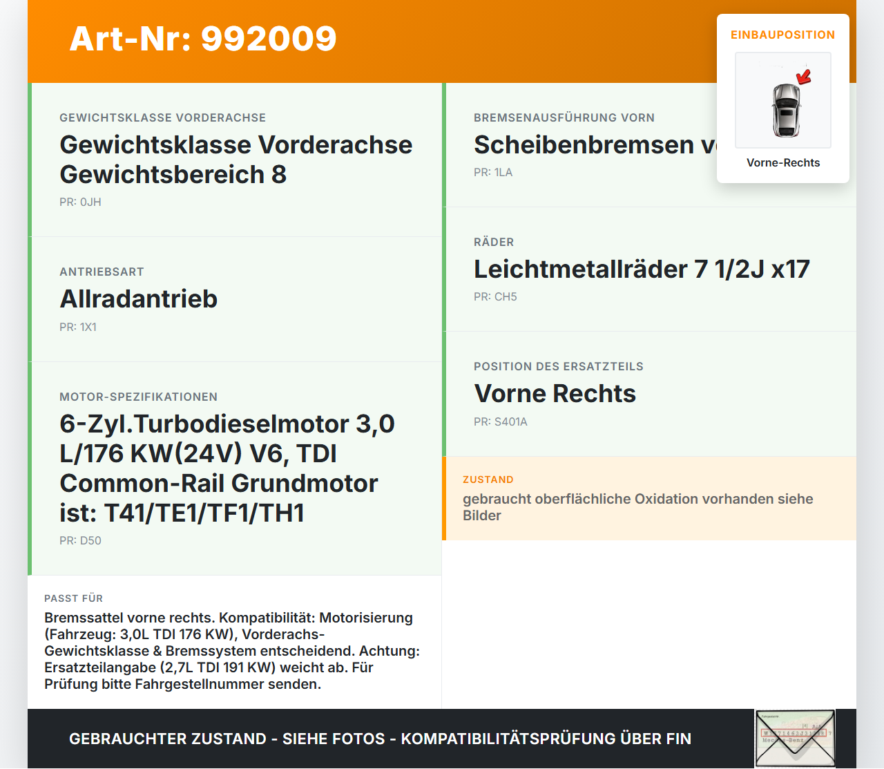 Audi A5 8T QU 07-12 TDI 2,7 191KW Bremssattel Bremszange Vorne Rechts Audi A5 8T QU 07-12 22.10.2007 8K0615124B... Vorschau 3