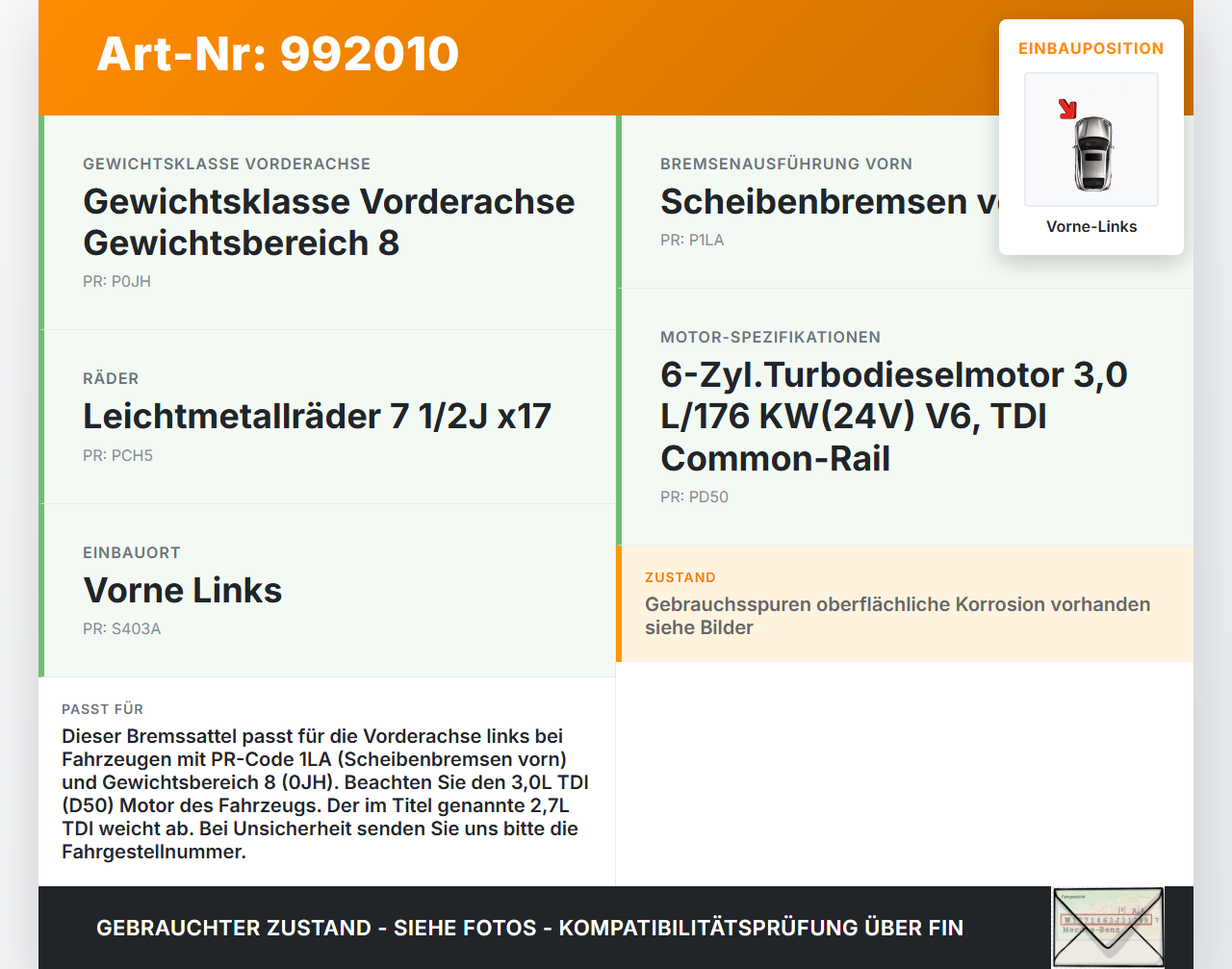 Audi A5 8T QU 07-12 TDI 2,7 191KW Bremssattel Bremszange Vorne Links Audi A5 8T QU 07-12 22.10.2007 8K0615123B... Vorschau 3