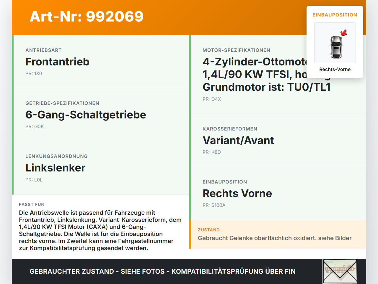 VW Golf 1K Variant 07-09 1,4 90KW Antriebswelle Gelenkwelle Rechts Vorne VW Golf 1K Variant 07-09 01.12.2008... Vorschau 3