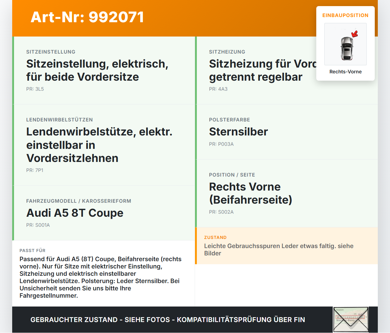Audi A5 8T QU 07-12 Coupe Sitzbezug Rückenpolster Rechts Vorne für Beifahrer Sitz beheizt Audi A5 8T QU 07-12... Vorschau 3