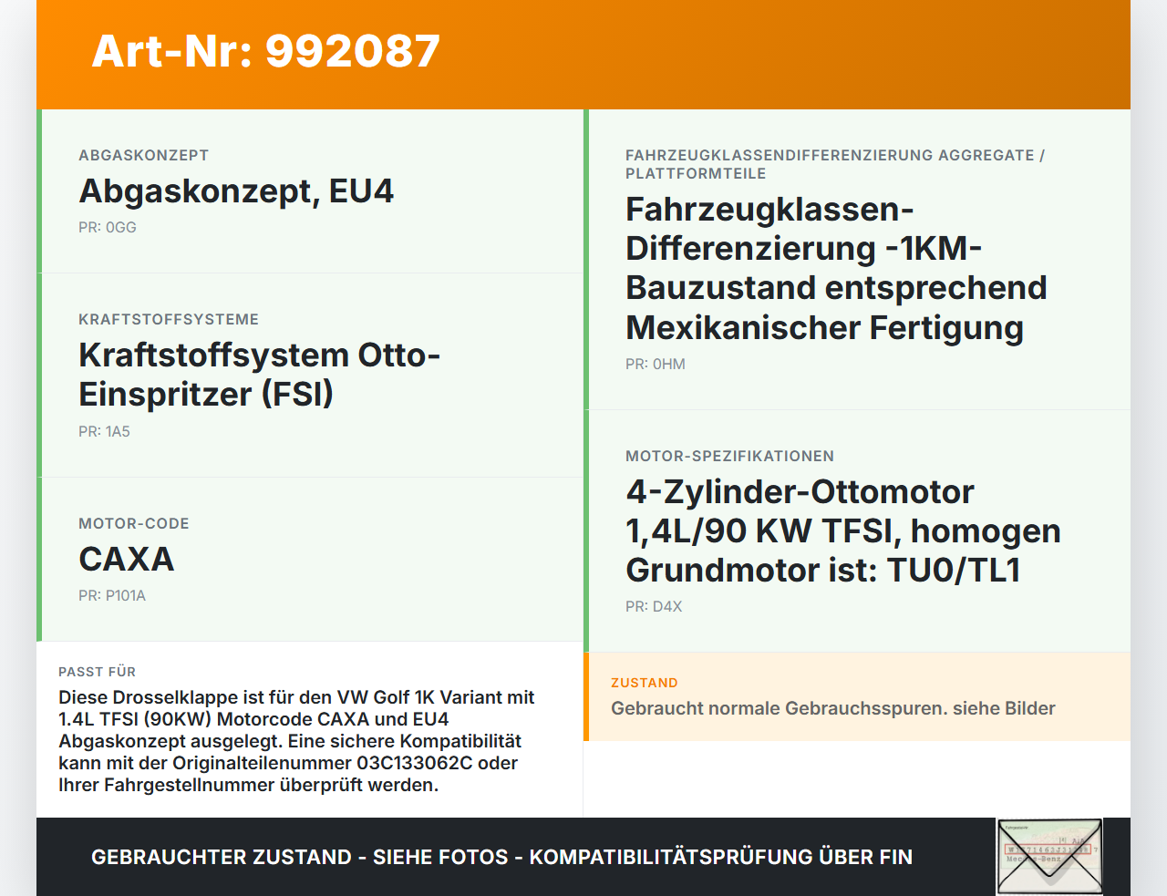 VW Golf 1K Variant 07-09 1,4 90KW CAXA Drosselklappe VW Golf 1K Variant 07-09 01.12.2008 03C133062C A2C53030936... Vorschau 3