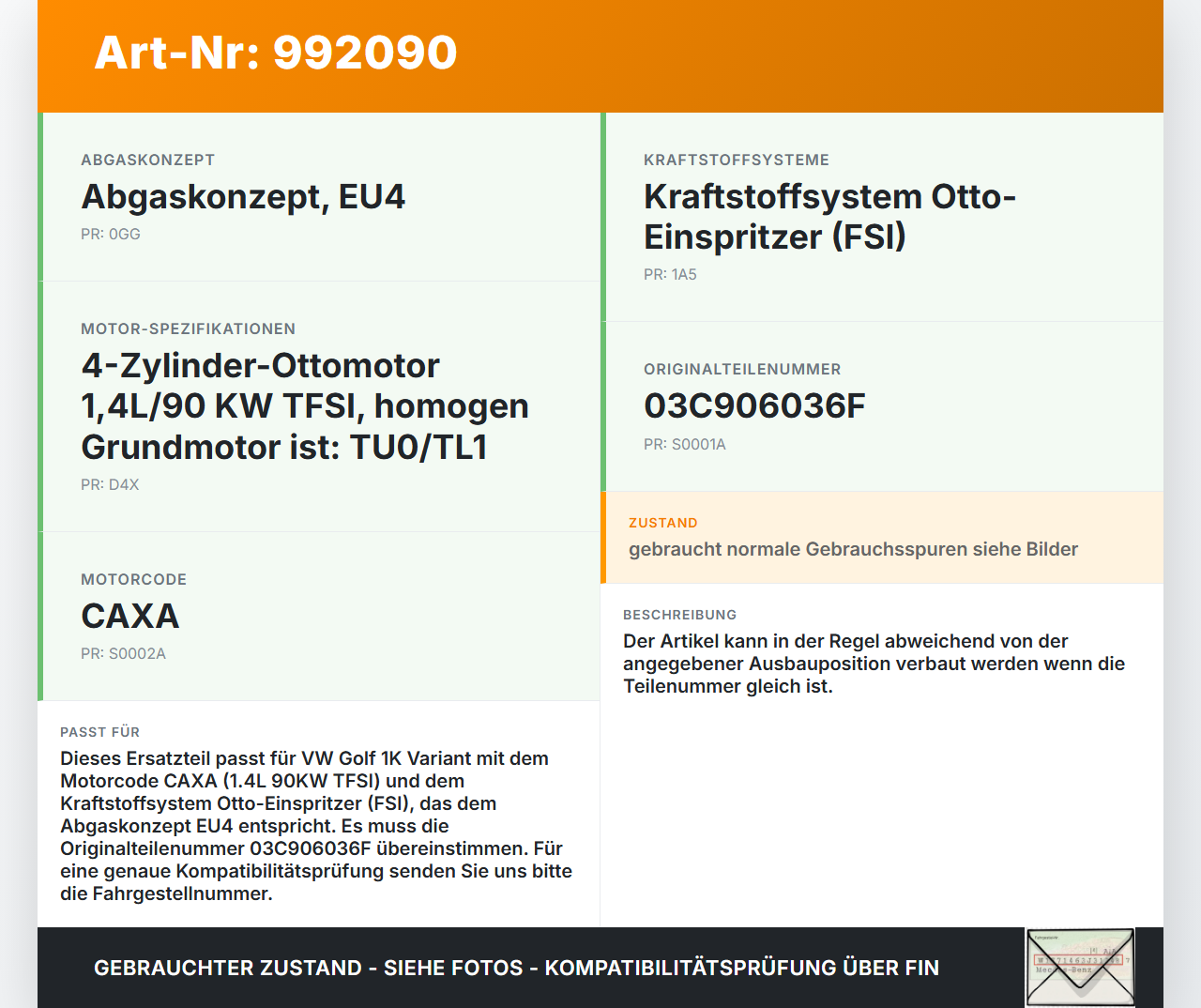 VW Golf 1K Variant 07-09 1,4 90KW Injektor Einspritzdüse Zyl.1 VW Golf 1K Variant 07-09 01.12.2008 03C906036F gebraucht Vorschau 3