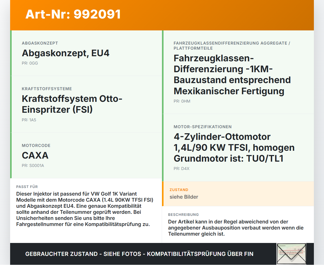 VW Golf 1K Variant 07-09 1,4 90KW Injektor Einspritzdüse Zyl.4 VW Golf 1K Variant 07-09 01.12.2008 03C906036F... Vorschau 3