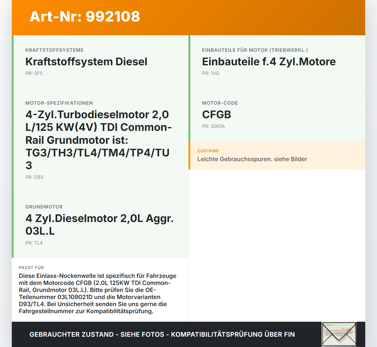 Skoda Superb II 3T 08-13 2.0 125KW CFGB Nockenwelle Einlass Skoda Superb II 3T 08-13 18.02.2011 03L109021D gebraucht Vorschau 3