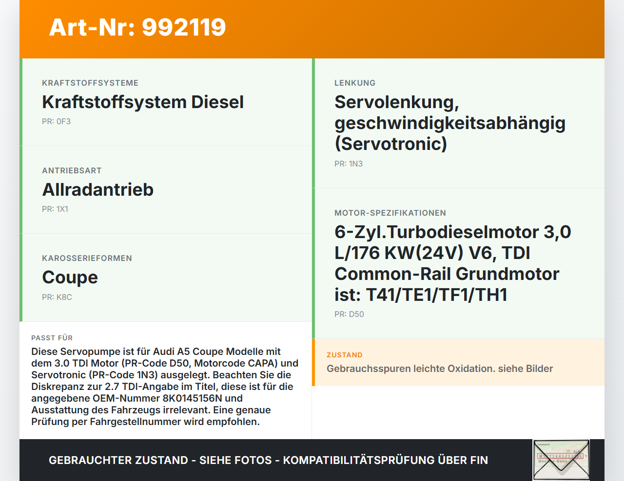 Audi A5 8T QU 07-12 TDI 2,7 191KW Servopumpe Hydraulikpumpe für Lenkung Audi A5 8T QU 07-12 22.10.2007 8K0145156N... Vorschau 3