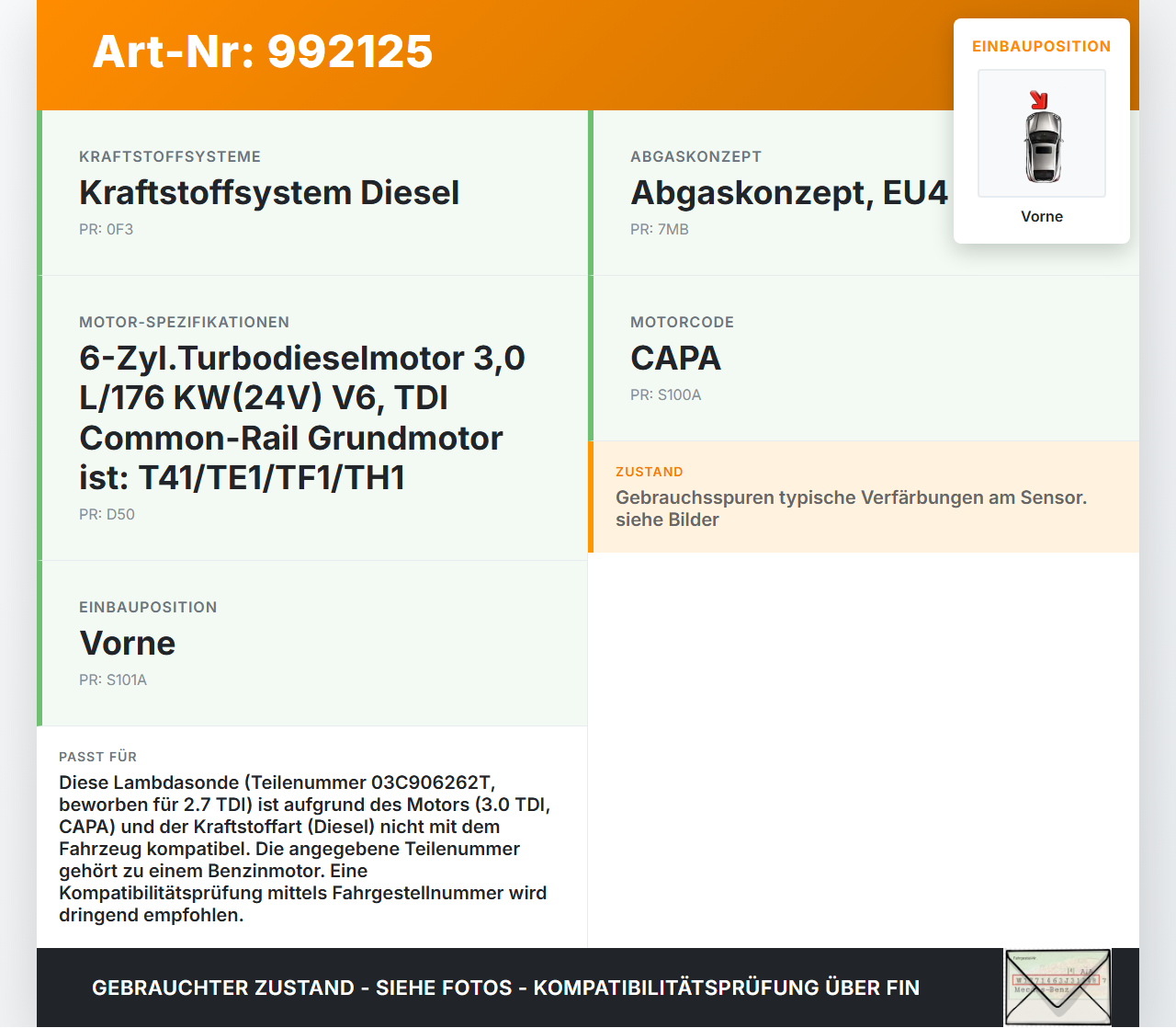 Audi A5 8T QU 07-12 TDI 2,7 191KW Lambdasonde Vorne Braun Audi A5 8T QU 07-12 22.10.2007 03C906262T gebraucht Vorschau 3