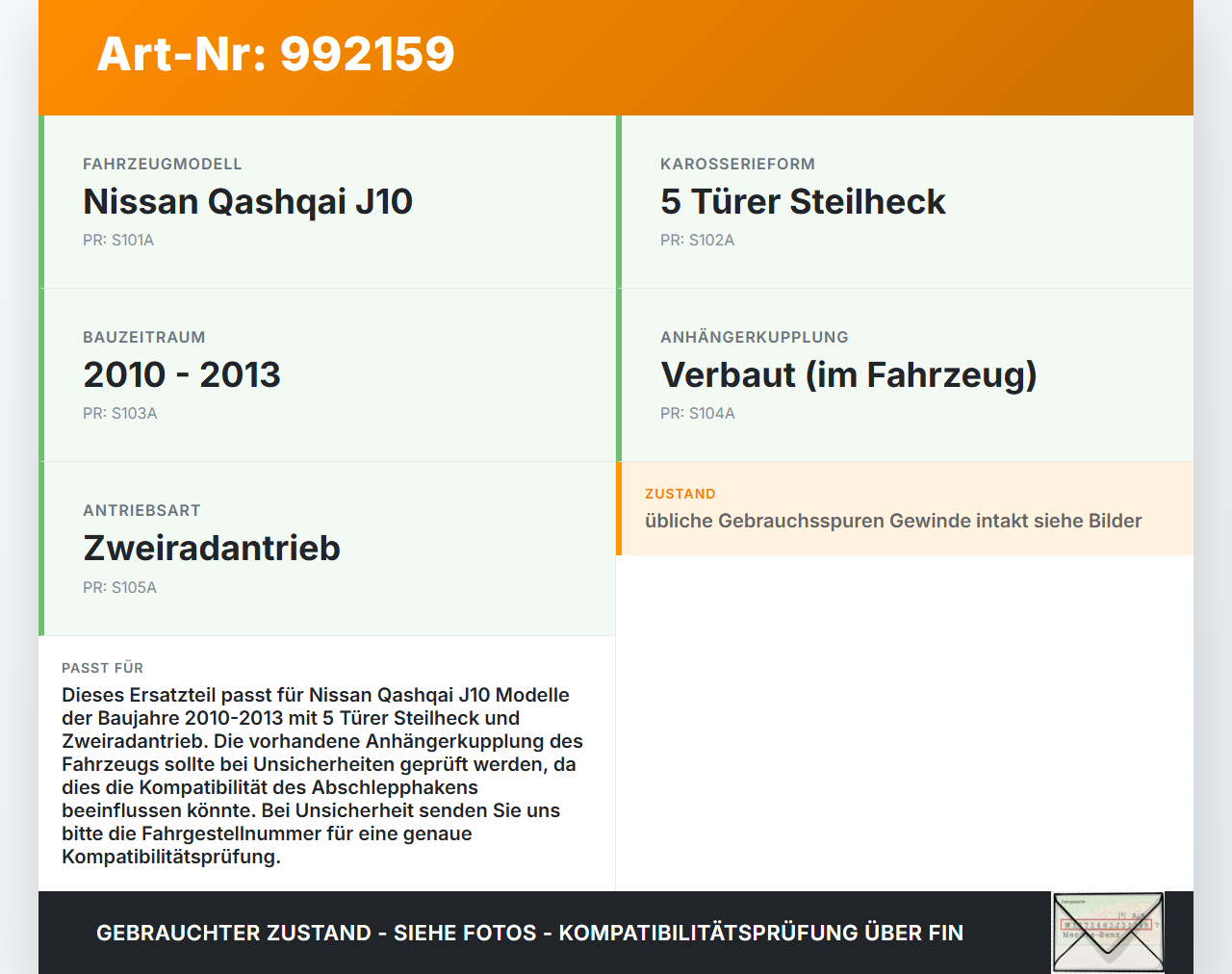 Nissan Qashqai J10 10-13 Abschleppöse Abschlepphaken Nissan Qashqai J10 10-13 01.01.2010 51112JD00A gebraucht Vorschau 3