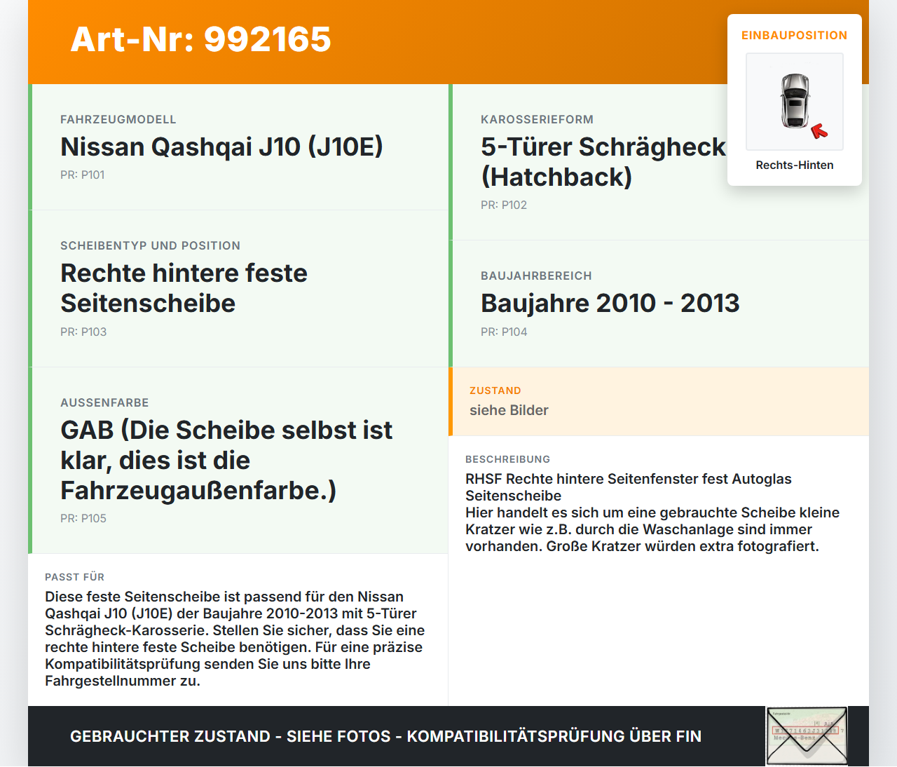 Nissan Qashqai J10 10-13 +0 Seitenscheibe Feste Scheibe Rechts Hinten Nissan Qashqai J10 10-13 01.01.2010... Vorschau 3