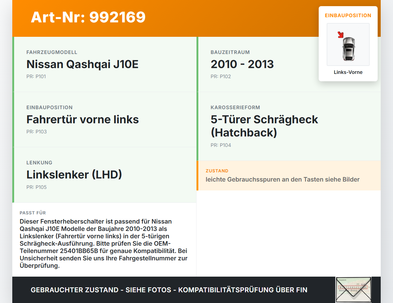 Nissan Qashqai J10 10-13 +0 Fensterheberschalter Schalter Links Vorne Nissan Qashqai J10 10-13 01.01.2010... Vorschau 3