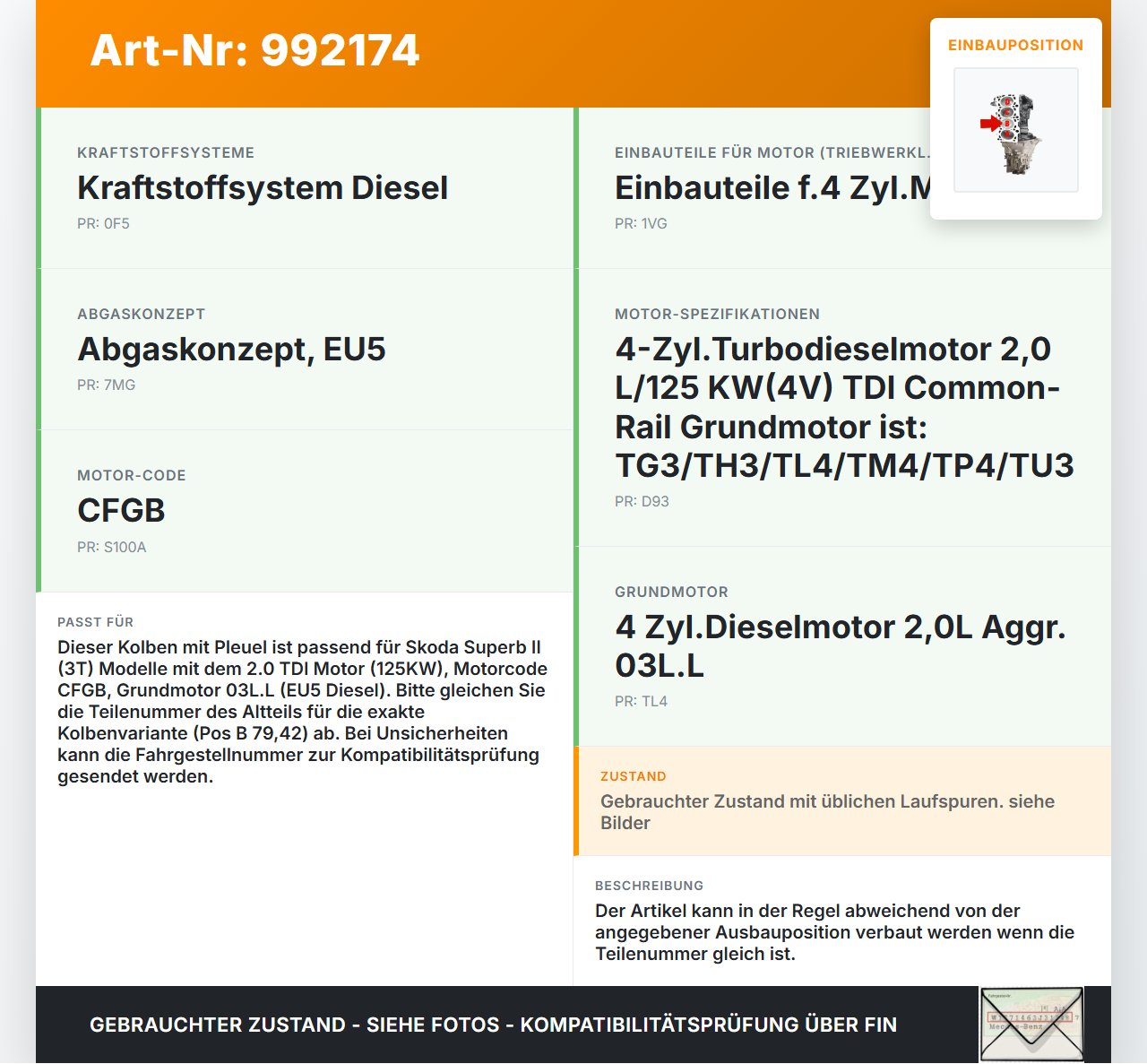 Skoda Superb II 3T 08-13 2.0 125KW CFGB Kolben mit Pleuel Pos B 79,42 Skoda Superb II 3T 08-13 18.02.2011... Vorschau 3