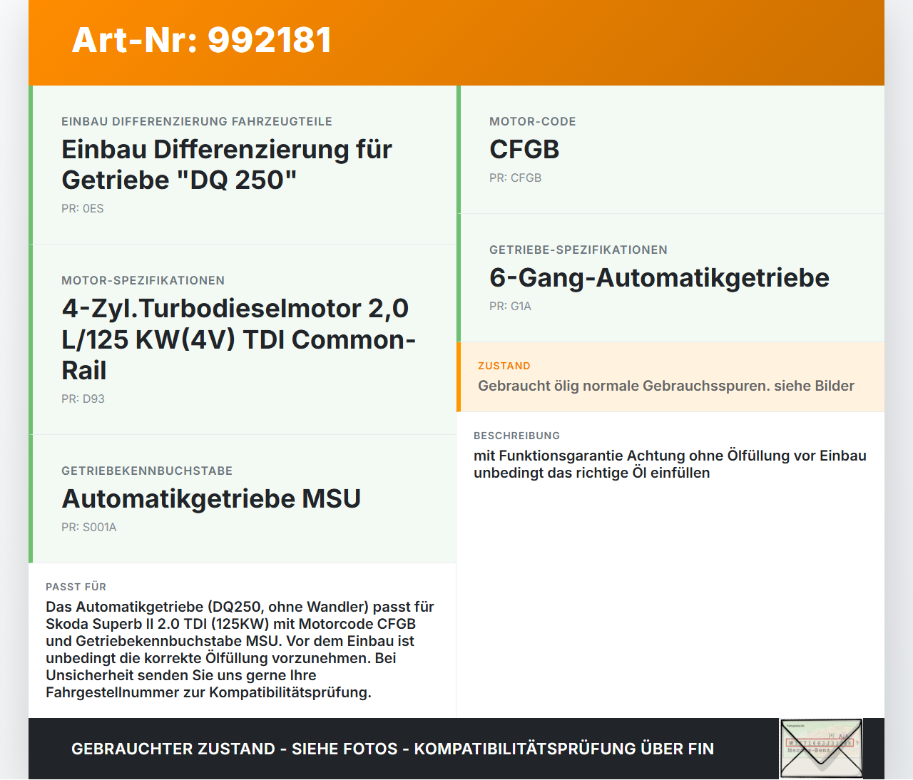 Skoda Superb II 3T 08-13 2.0 125KW MSU Automatikgetriebe Getriebe ohne Wandler MSU Skoda Superb II 3T 08-13... Vorschau 3