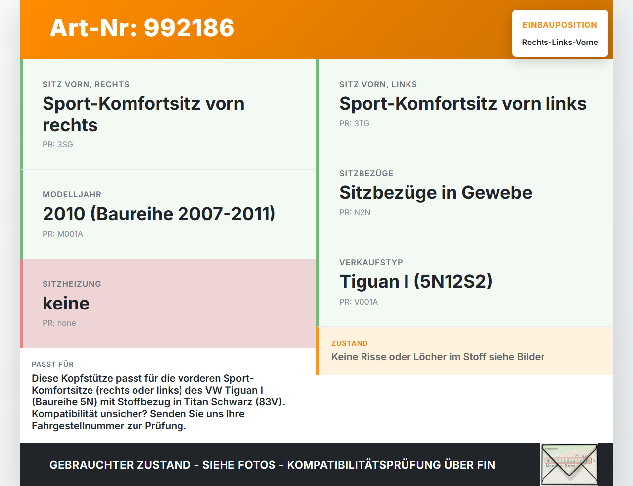 VW Tiguan I 5N 07-11 Kopfstütze für Beifahrer Sitz Rechts oder Links Vorne VW Tiguan I 5N 07-11 17.06.2010... Vorschau 3