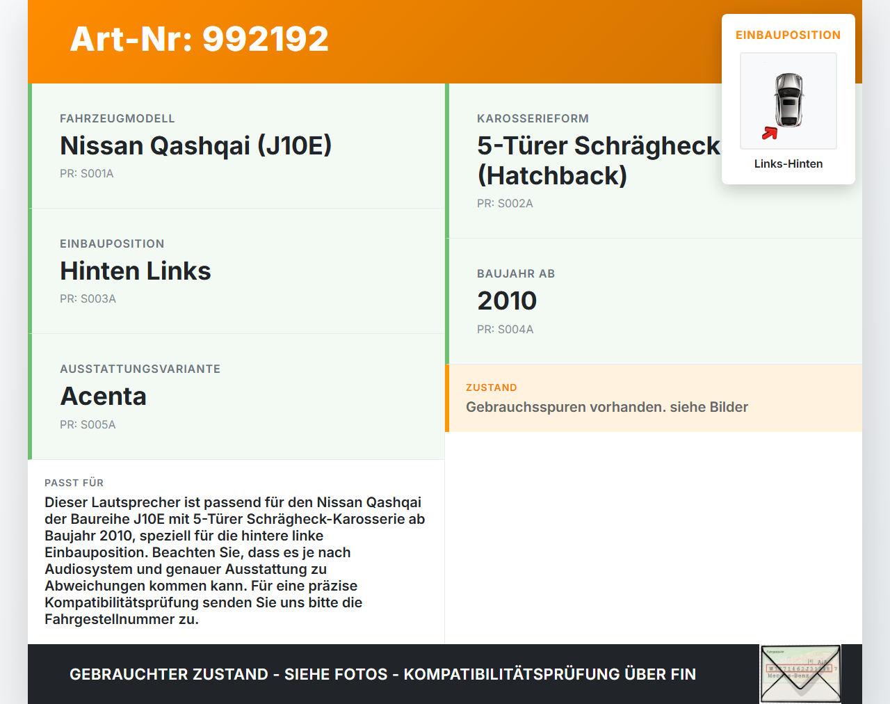 Nissan Qashqai J10 10-13 Lautsprecher Links Hinten Nissan Qashqai J10 10-13 01.01.2010 gebraucht Vorschau 3