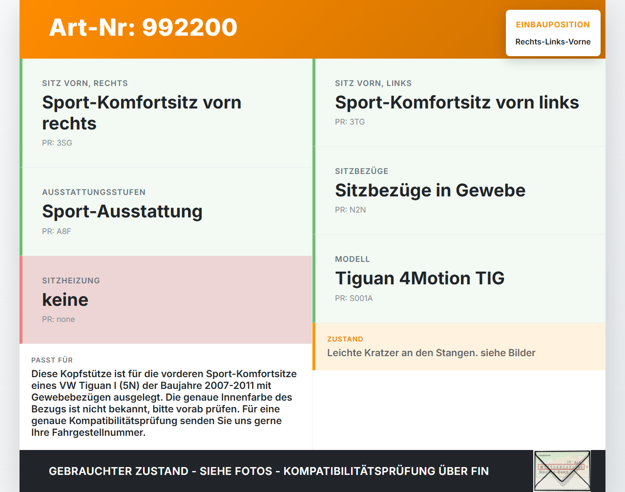 VW Tiguan I 5N 07-11 Kopfstütze für Fahrer Sitz Rechts oder Links Vorne VW Tiguan I 5N 07-11 17.06.2010 gebraucht Vorschau 3