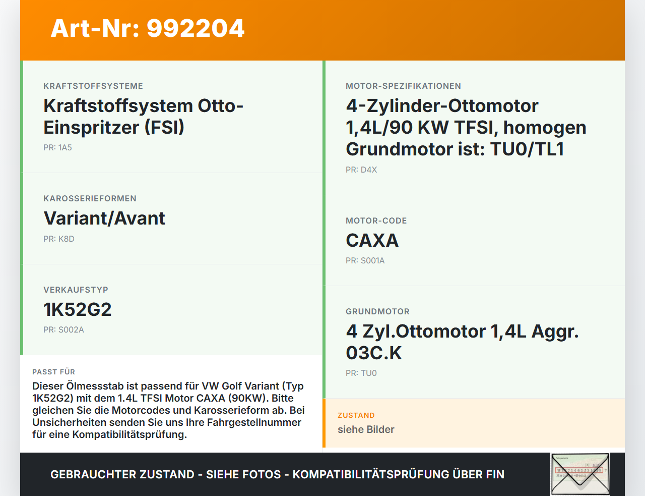 VW Golf 1K Variant 07-09 1,4 90KW CAXA Ölmessstab Öl Stab VW Golf 1K Variant 07-09 01.12.2008 03C115611AD gebraucht Vorschau 3