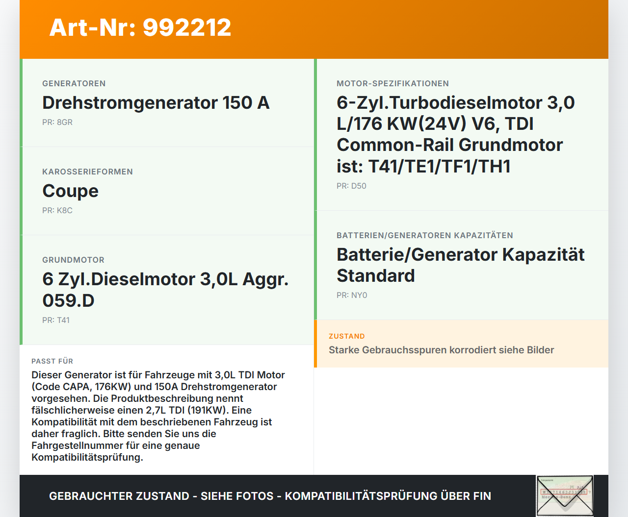 Audi A5 8T QU 07-12 TDI 2,7 191KW Lichtmaschine Generator 150A 14V Audi A5 8T QU 07-12 22.10.2007 059903016J... Vorschau 3