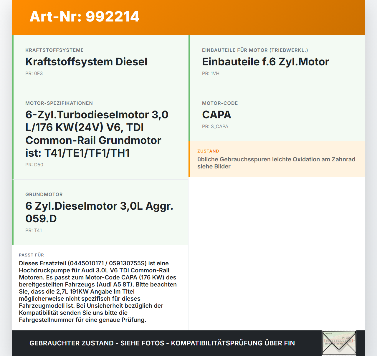 Audi A5 8T QU 07-12 TDI 2,7 191KW Einspritzpumpe Hochdruckpumpe Audi A5 8T QU 07-12 22.10.2007 0445010171... Vorschau 3
