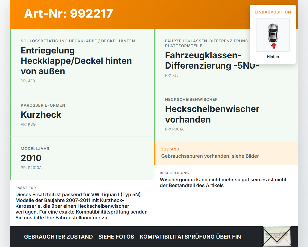 VW Tiguan I 5N 07-11 Heckwischer Scheibenwischer Hinten Wischarm VW Tiguan I 5N 07-11 17.06.2010 1T0955707C gebraucht Vorschau 3