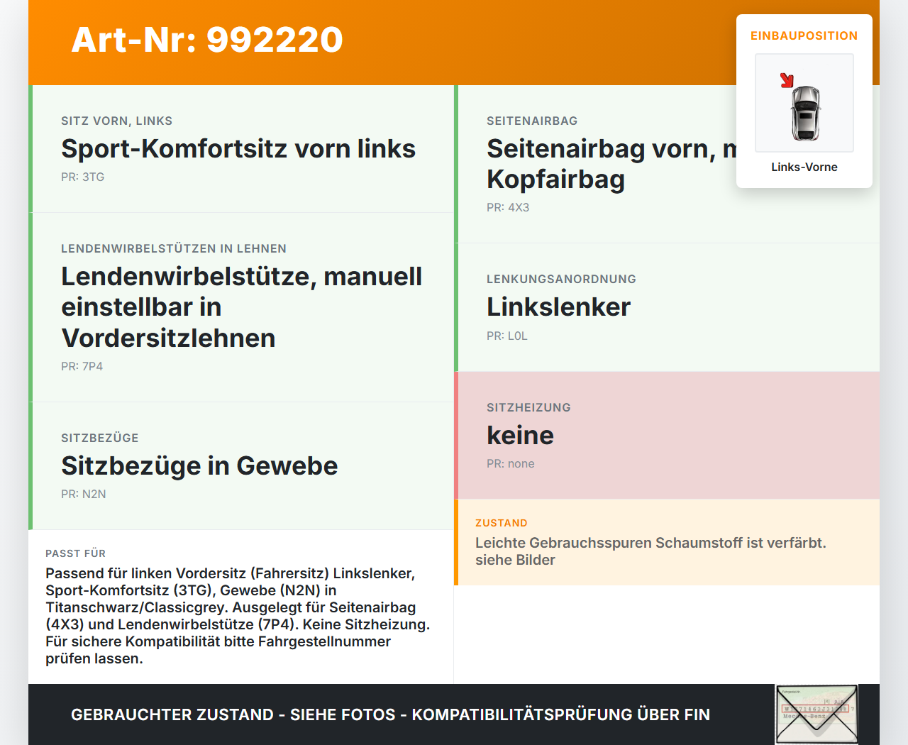 VW Tiguan I 5N 07-11 Sitzbezug Sitzpolster für Fahrersitz Sitz Links Vorne titanschwarz/classicgrey VW Tiguan I 5N... Vorschau 3