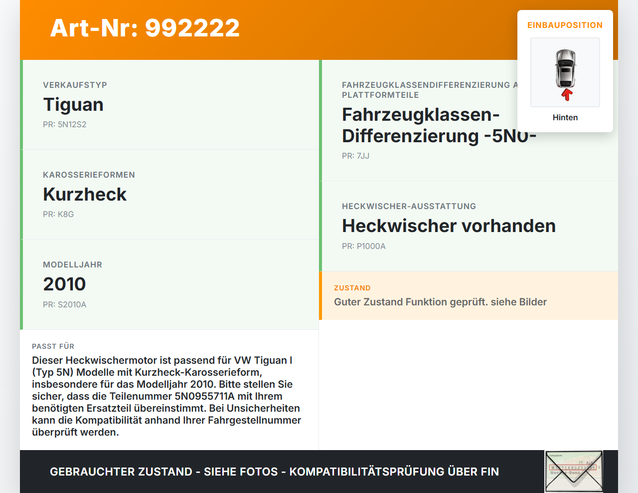 VW Tiguan I 5N 07-11 Wischermotor Hinten Heckwischermotor VW Tiguan I 5N 07-11 17.06.2010 5N0955711A W000002310... Vorschau 3
