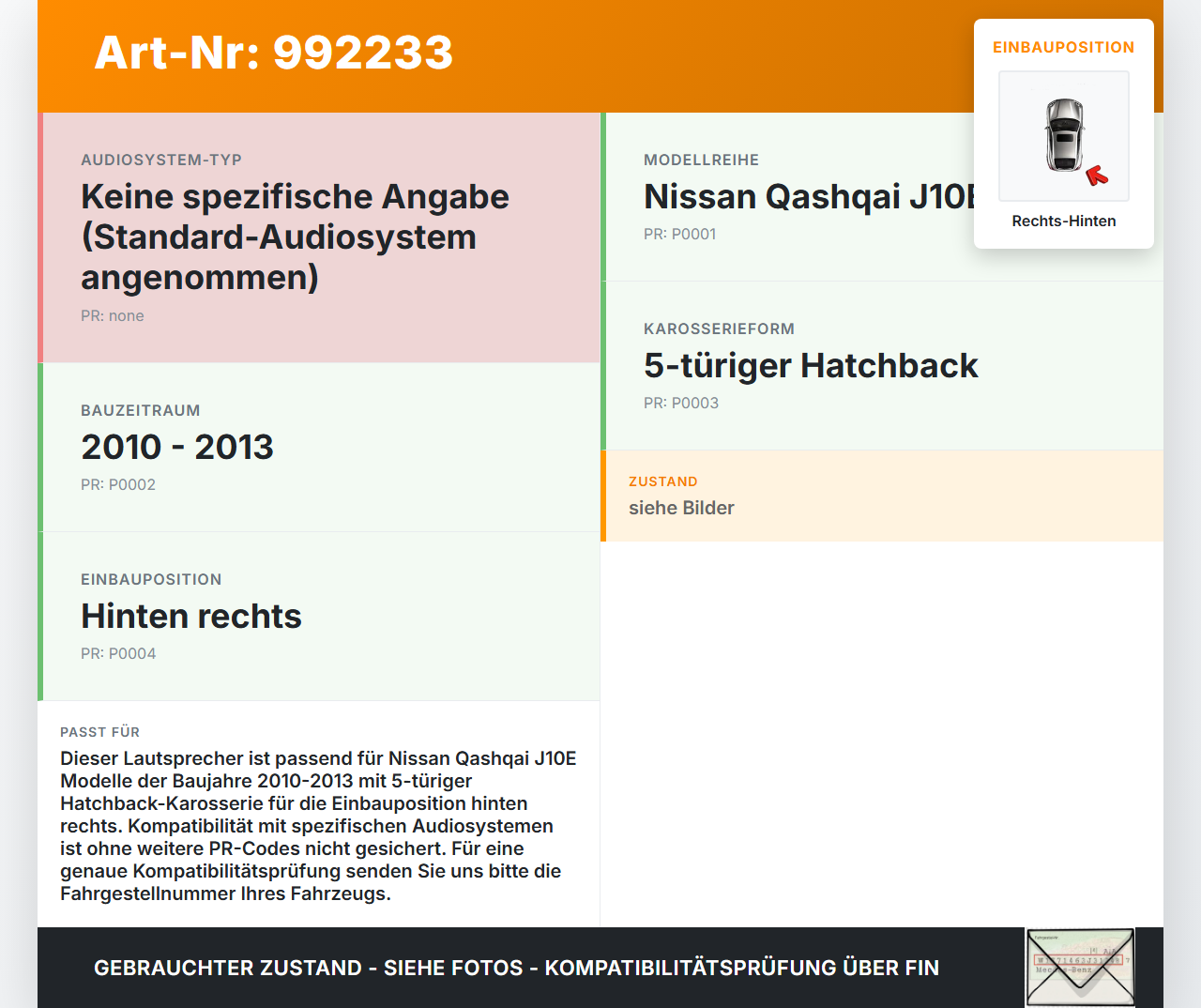 Nissan Qashqai J10 10-13 +0 Lautsprecher Rechts Hinten Nissan Qashqai J10 10-13 01.01.2010 gebraucht Vorschau 3