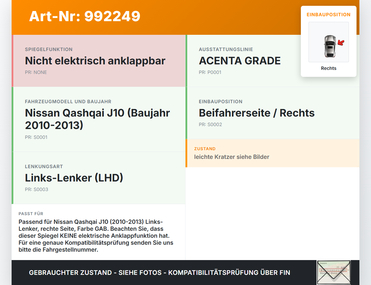 Nissan Qashqai J10 10-13 Spiegel Aussenspiegel Rechts GAB Nissan Qashqai J10 10-13 01.01.2010 96301BR74A gebraucht Vorschau 3