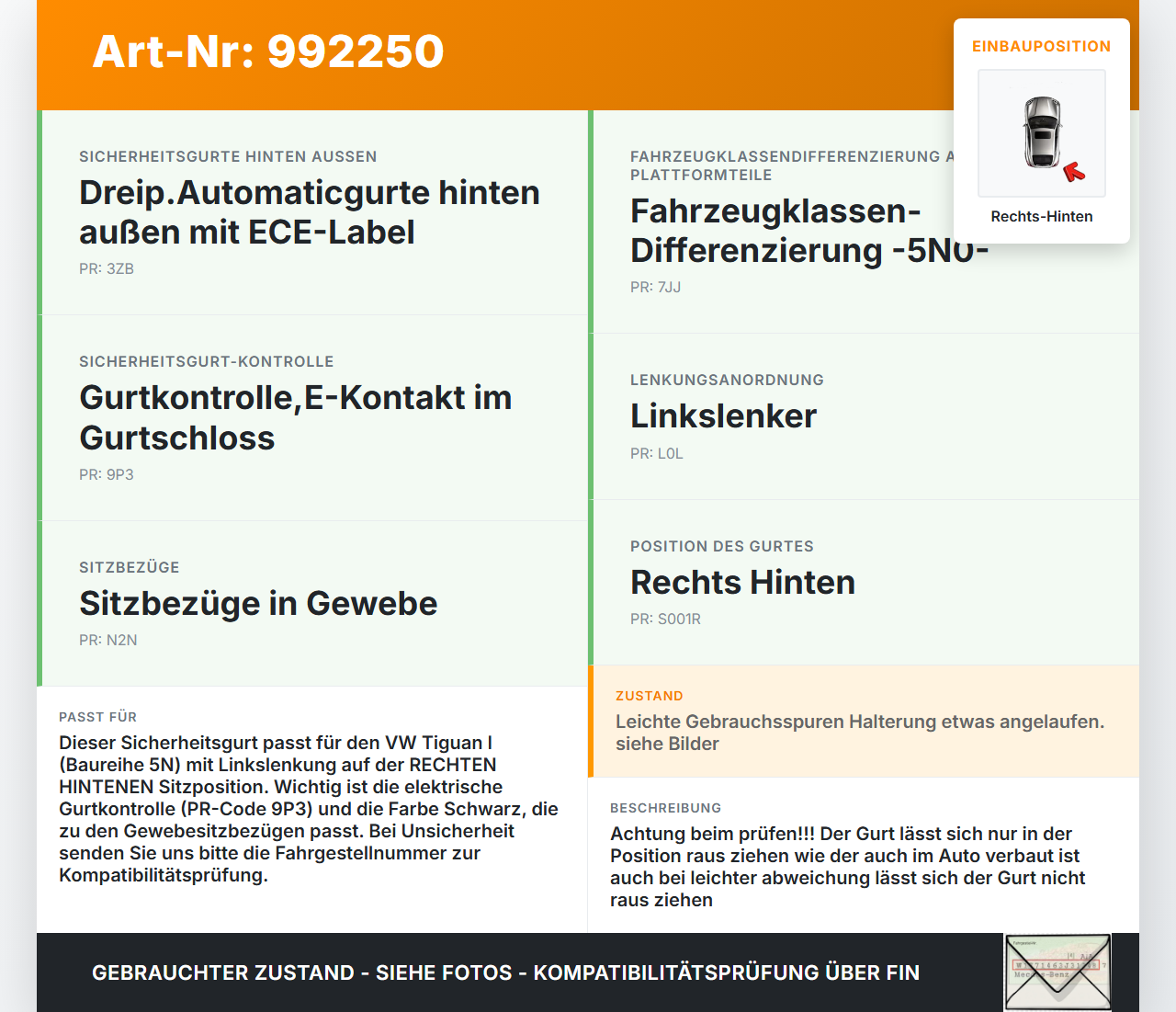 VW Tiguan I 5N 07-11 Gurt Sicherheitsgurt Rechts Hinten VW Tiguan I 5N 07-11 17.06.2010 5N0857806 5N0857806RAA gebraucht Vorschau 3