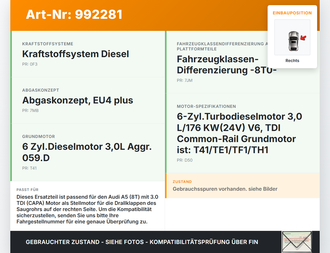 Audi A5 8T QU 07-12 Stellmotor Stellelement Umschaltung Drallklappen Saugrohr Rechts Audi A5 8T QU 07-12 22.10.2007... Vorschau 3