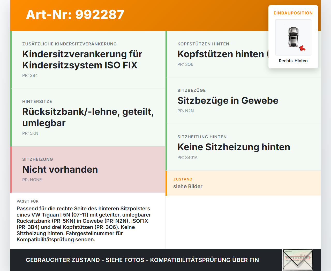 VW Tiguan I 5N 07-11 Sitzbezug Sitzpolster Rechts für Rücksitzbank Hinten VW Tiguan I 5N 07-11 17.06.2010... Vorschau 3