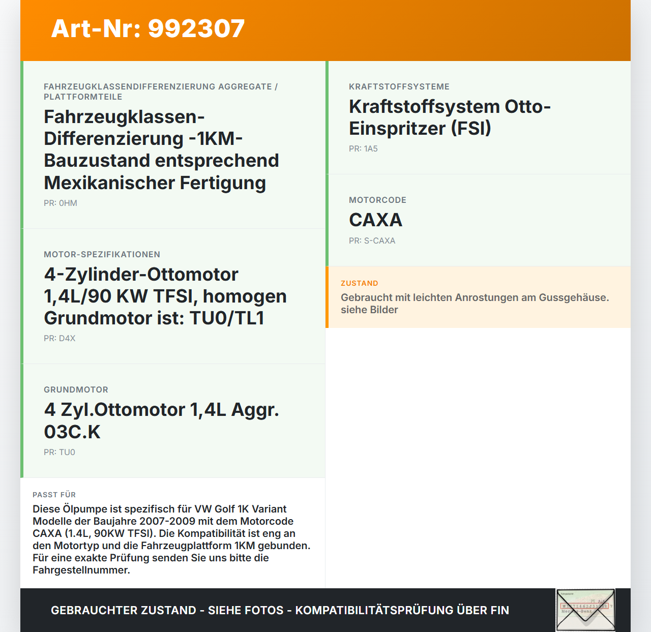 VW Golf 1K Variant 07-09 1,4 90KW CAXA Ölpumpe VW Golf 1K Variant 07-09 01.12.2008 03C115105AG 11367-0201 gebraucht Vorschau 3
