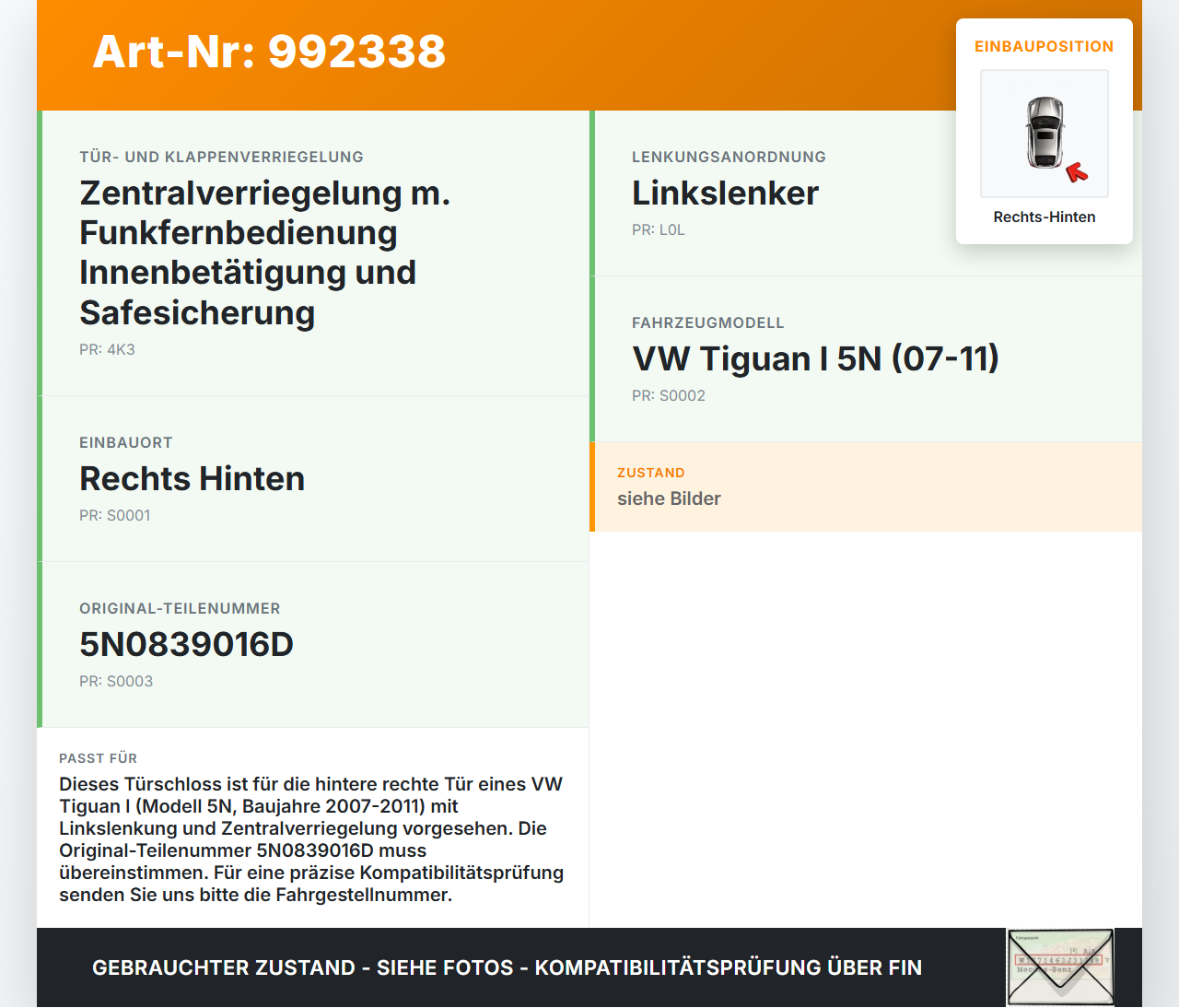 VW Tiguan I 5N 07-11 Türschloss Zentralisierung m. ZV Stellmotor Rechts Hinten VW Tiguan I 5N 07-11 17.06.2010... Vorschau 3