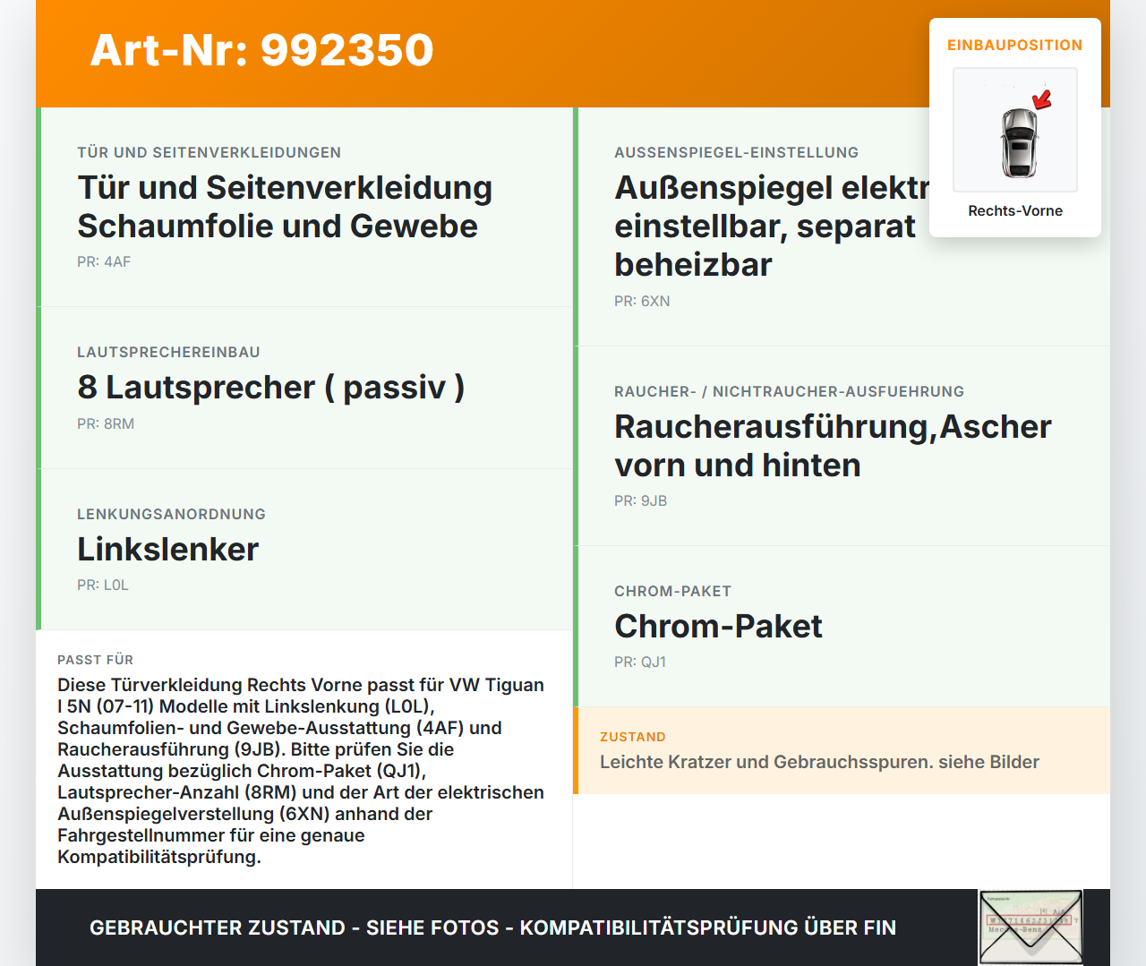 VW Tiguan I 5N 07-11 Türverkleidung Türpappe Rechts Vorne VW Tiguan I 5N 07-11 17.06.2010 5N0867012B gebraucht Vorschau 3
