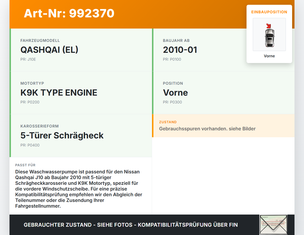 Nissan Qashqai J10 10-13 Waschwasserpumpe Wischwasserpumpe Waschpumpe Vorne Nissan Qashqai J10 10-13 01.01.2010... Vorschau 3