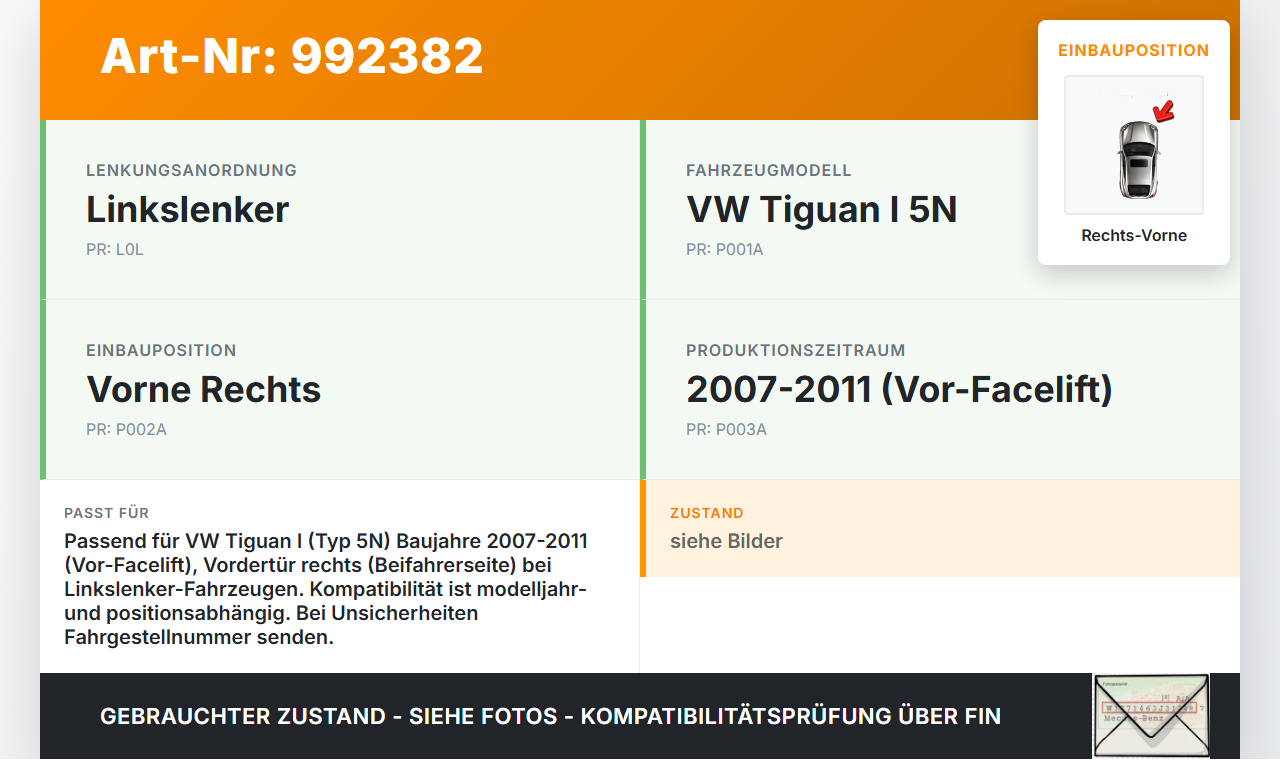 VW Tiguan I 5N 07-11 Türfangband Türbremse Türanschlag Rechts Vorne VW Tiguan I 5N 07-11 17.06.2010 5N0837249A gebraucht Vorschau 3