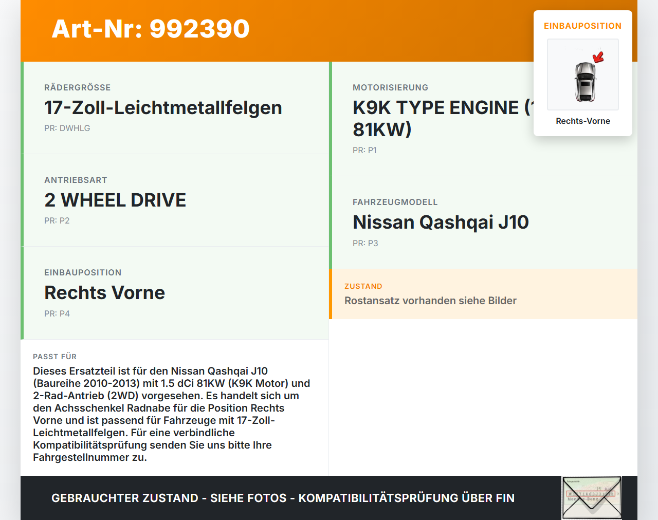 Nissan Qashqai J10 10-13 dCi 1.5 81KW Achsschenkel Radnabe Rechts Vorne Nissan Qashqai J10 10-13 01.01.2010... Vorschau 3