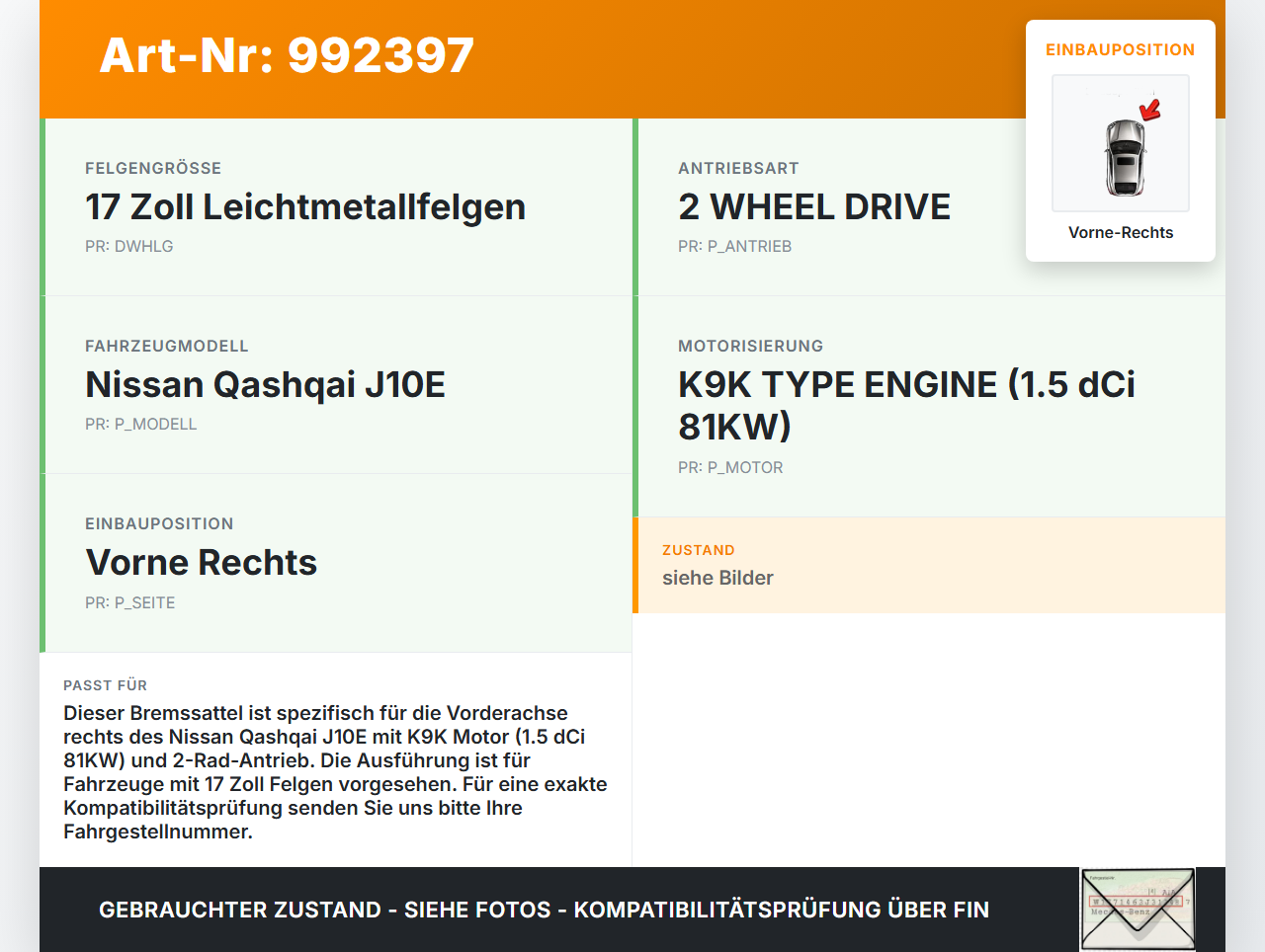 Nissan Qashqai J10 10-13 dCi 1.5 81KW Bremssattel Bremszange Vorne Rechts Nissan Qashqai J10 10-13 01.01.2010 gebraucht Vorschau 3