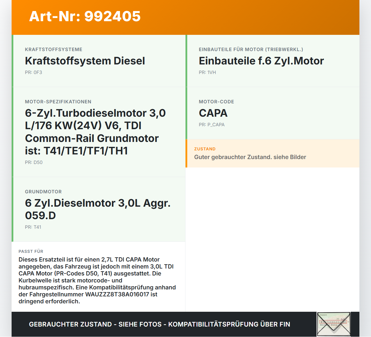 Audi A5 8T QU 07-12 TDI 2,7 191KW CAPA Kurbelwelle HUB Audi A5 8T QU 07-12 22.10.2007 059101AH 03C105101BM... Vorschau 3