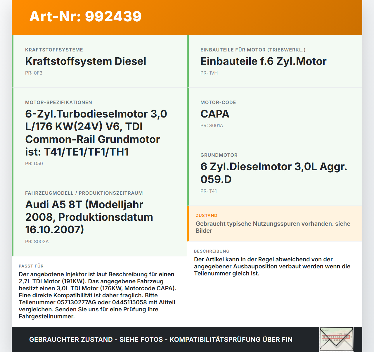 Audi A5 8T QU 07-12 TDI 2,7 191KW Injektor Einspritzdüse Zyl.1 Audi A5 8T QU 07-12 22.10.2007 057130277AK... Vorschau 3